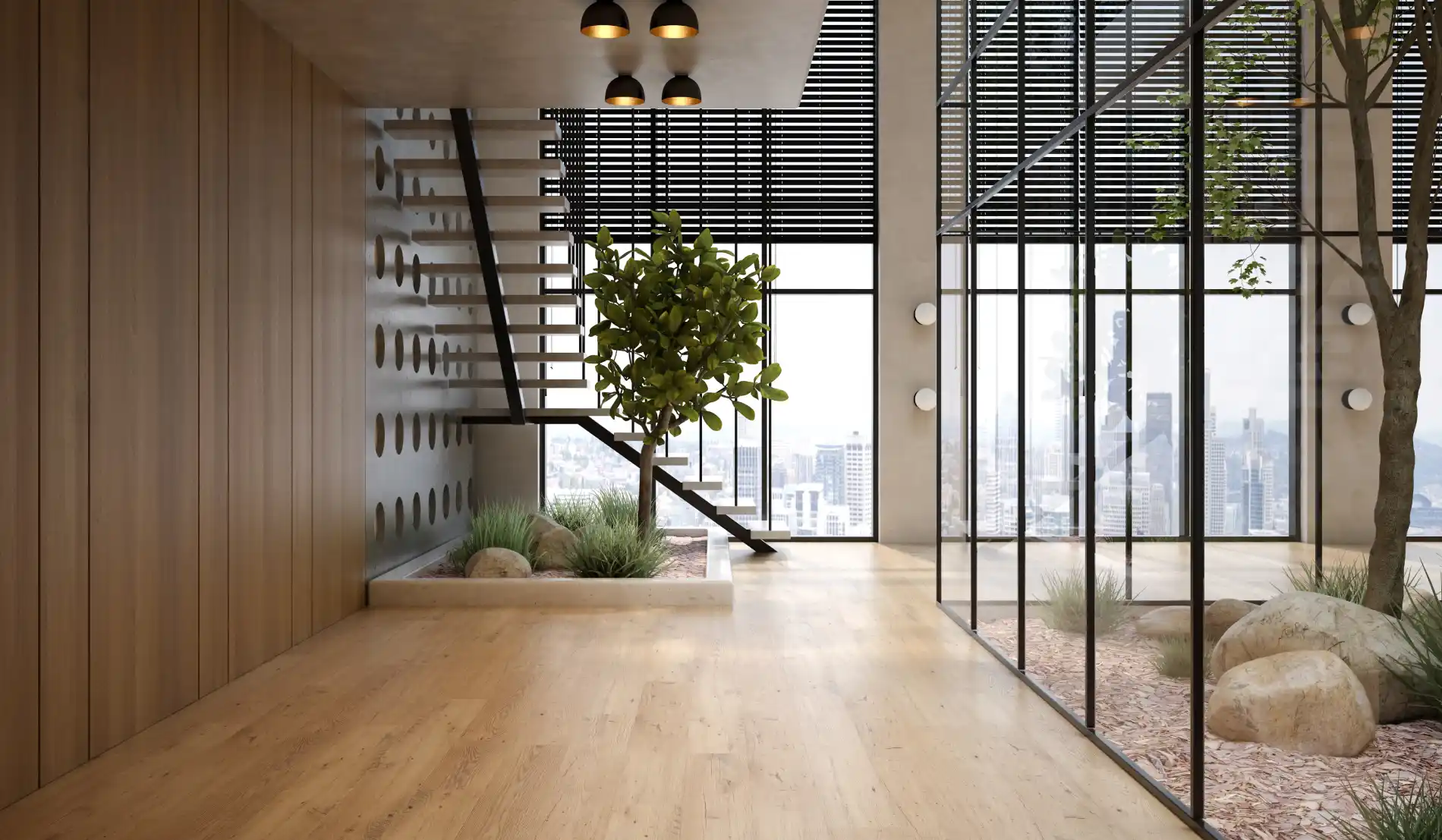 Escalera de madera con revestimiento de listones y suelo a juego
