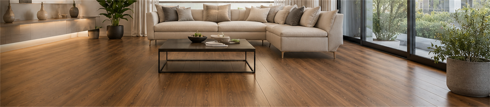 Salón con sofá y suelo laminado de tono madera