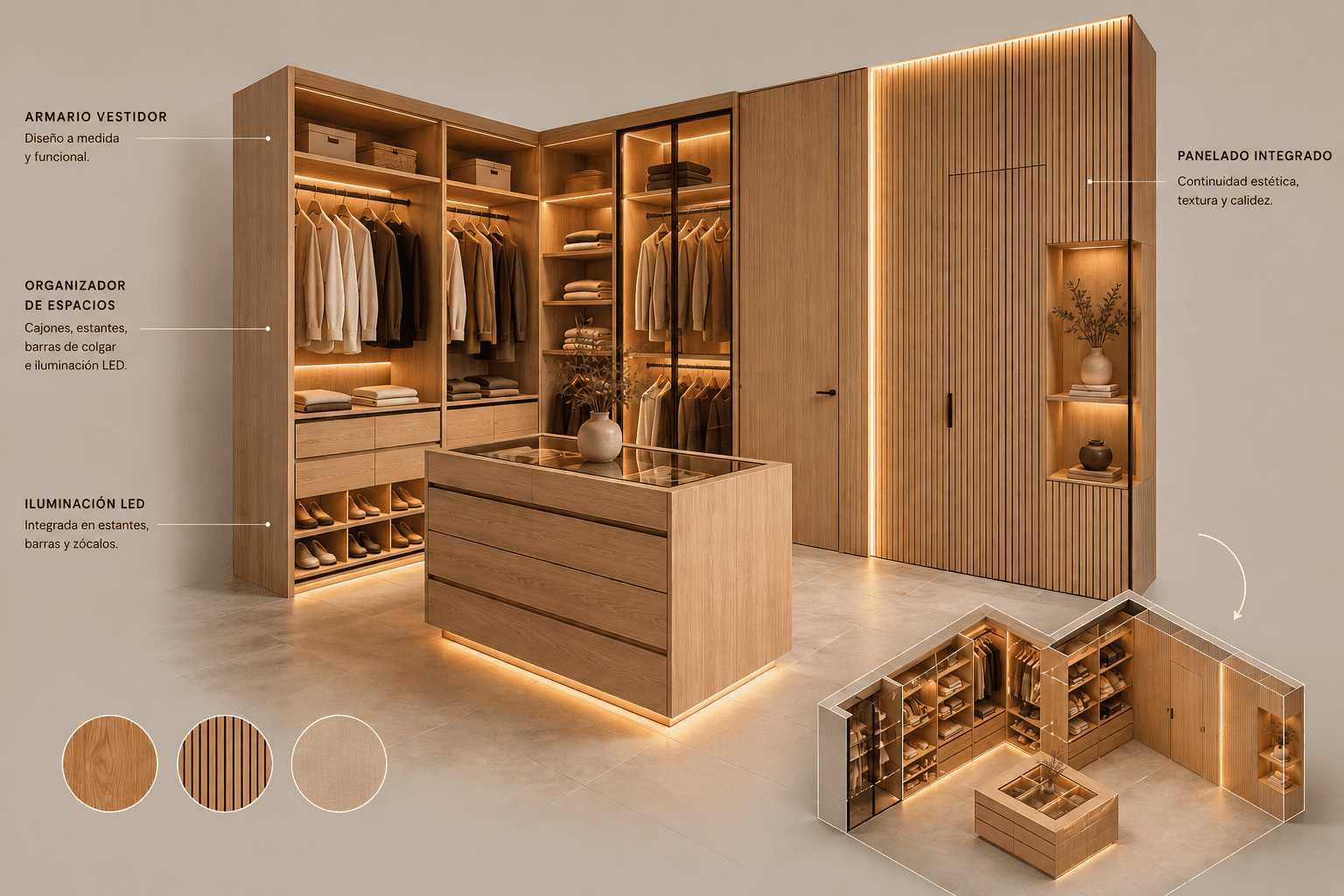 Vestidor a medida con isla central, iluminación LED y panelado integrado